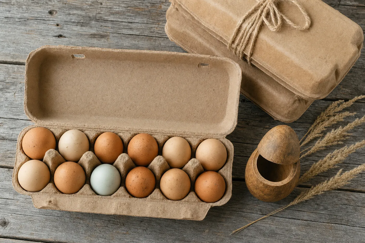 An open kraft carton holding a dozen brown, cream and one pale blue egg on barn wood, twine-tied cartons alongside
