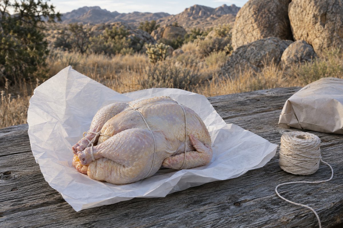 A whole trussed chicken on white butcher paper on a weathered wood table, with twine and granite boulders behind