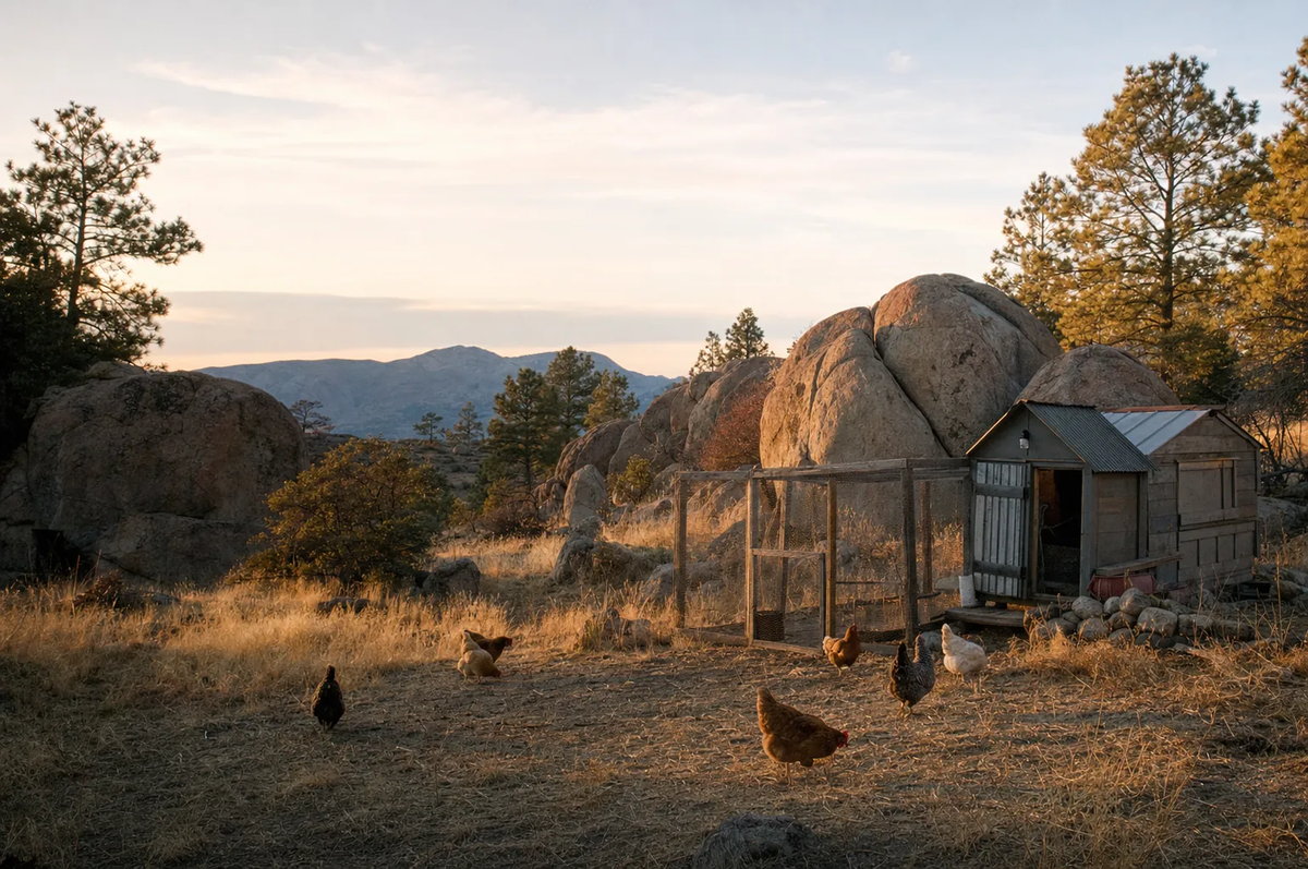 A weathered coop and wire run built against giant granite boulders at golden hour, hens ranging over dry grass with mountains behind