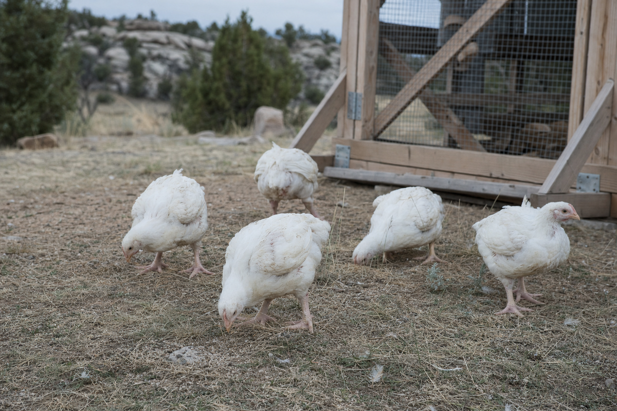 White Cornish Cross meat chickens foraging on dry high-desert grass outside a homemade wood and wire chicken tractor